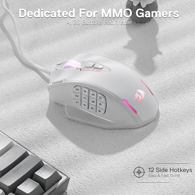 Redragon M908 Impact RGB LED MMO Gaming Mouse with 12 Side Buttons, Optical Wired Ergonomic Mouse with Max 12,400DPI, High Precision, 18 Programmable Macro Shortcuts, Comfort Grip, White | Stable Lag-Free Connection, Redefine Keybinding Macro, Vibing B...