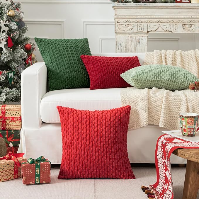 Kevin Textile Soft Corduroy 12"x24" Lumbar Pillow Cover 1 Pack, Red | Boho Stripe Plush Corduroy Decorative Oblong Cushion Cover Modern Farmhouse Home Decor for Sofa Couch Bed Chair