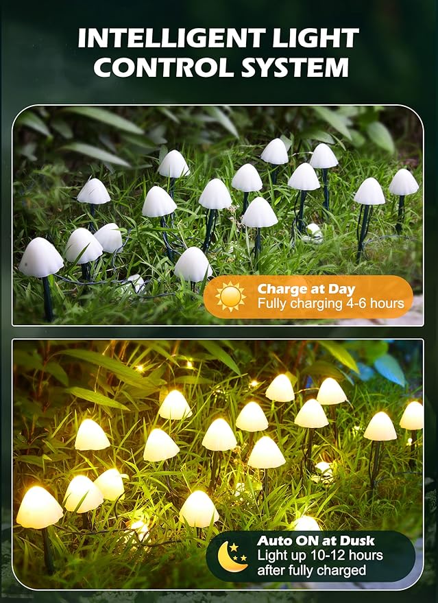 Solar Mushroom Garden Lights for Outside, 20 LED 32.8FT Solar Pathway Lights Outdoor Waterproof for Fence with 8 Lighting Modes for Patio Yard Decorative