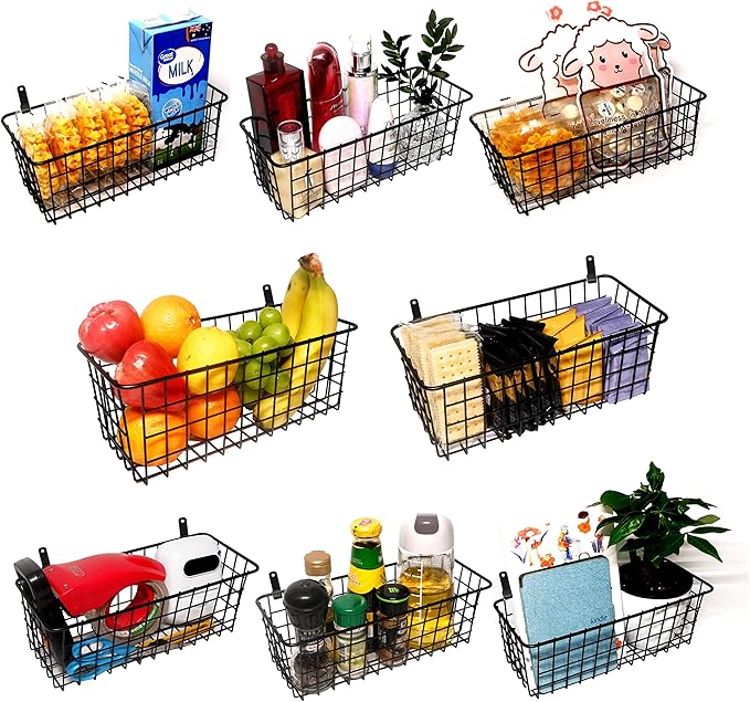 Joben Oligey 3 Set Hanging Wire Baskets ,Wall Mount Fruit Basket,No Drilling,Adhesive Small Metal Basket,Farmhouse Food Storage Mesh Bin Kitchen Pantry Laundry Bathroom Closet Garage RV ,Black