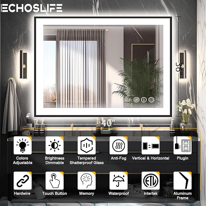 40x36 LED Bathroom Vanity Mirrors - Black Aluminum Edge (Front and Backlit), Anti-Fog Vanity Mirror with Lights,Stepless Dimmable Lighted Mirror,3 Colors Smart Mirror(Horizontal/Vertical)