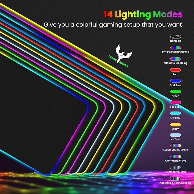 BladeHawks RGB Gaming Mouse Pad Extra Large Extended 31.5x12 Inch-Black | LED mouse pad with 14 lighting modes, covers keyboard & mouse, anti-slip rubber base, waterproof surface, USB powered