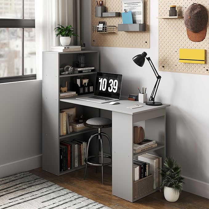 HOMCOM Modern Home Office Desk with 6-Tier Storage Shelves, 47", Gray | Writing Desk, Bookshelf