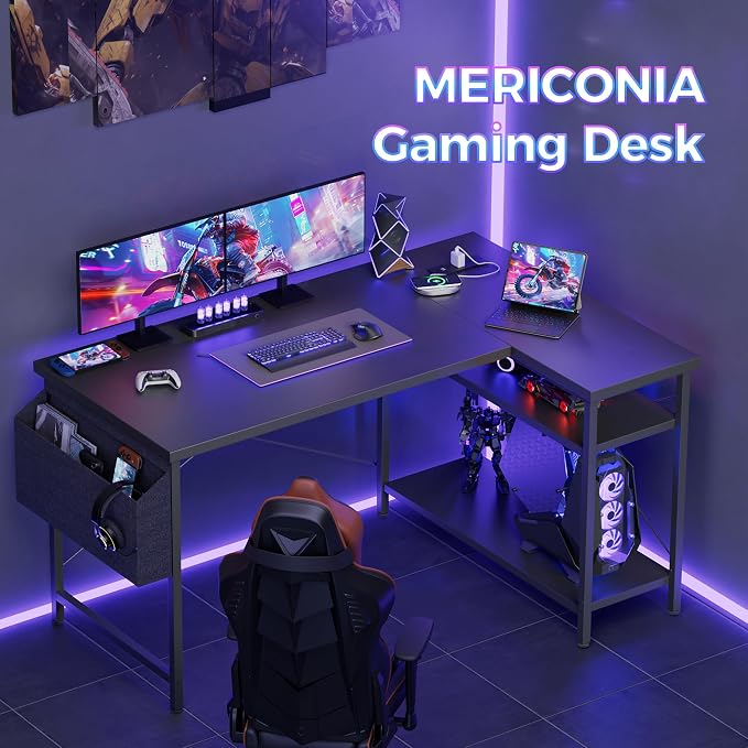 Mericonia 47 inch Corner Desk with Shelves, Small L Shaped Gaming Desk | Reversible Computer Desk with Power Outlets & Storage Bag, Office Table for Home Bedroom Study Work Writing