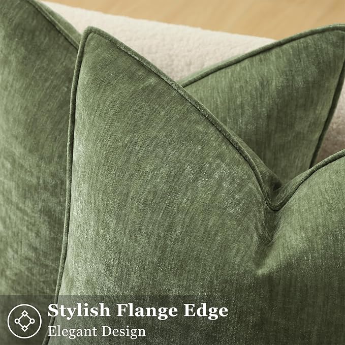 decorUhome Chenille Olive Green Velvet Throw Pillow Covers 18x18 Set of 2 | Fall Soft Couch Decorative Modern Farmhouse Pillow Cases with Elegant Design for Sofa Bed Living Room Home Decor