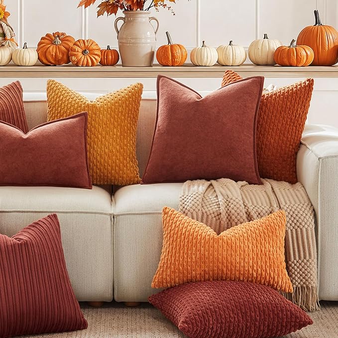 Kevin Textile Soft Corduroy 14"x22" Lumbar Pillow Cover 1 Pack, Burnt Brick | Fall Boho Stripe Plush Corduroy Decorative Oblong Cushion Cover Modern Farmhouse Home Decor for Sofa Couch Bed Chair