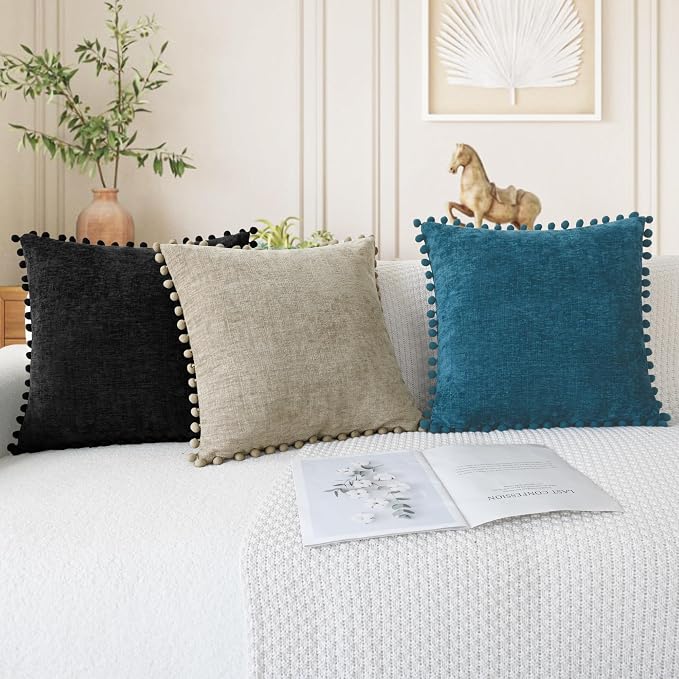 CaliTime Decorative Couch Throw Pillow Covers 18 X 18 Inches Black | Pack of 2, Cozy Chenille Cushion Cases, with Pom Poms for Sofa Bed Living Room Farmhouse Home