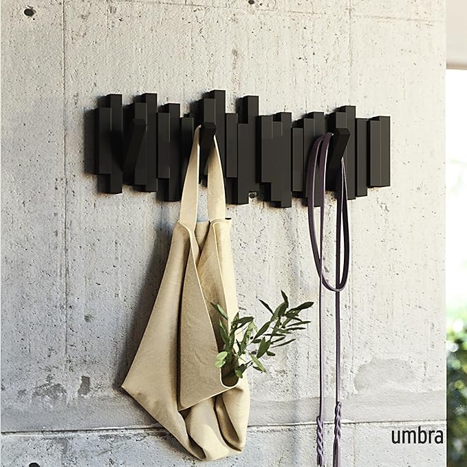 Umbra Sticks Wall-Mounted Coat Rack Rail Hook with 5 Retractable Pegs – Modern, Space-Saving Storage Organizer, Black