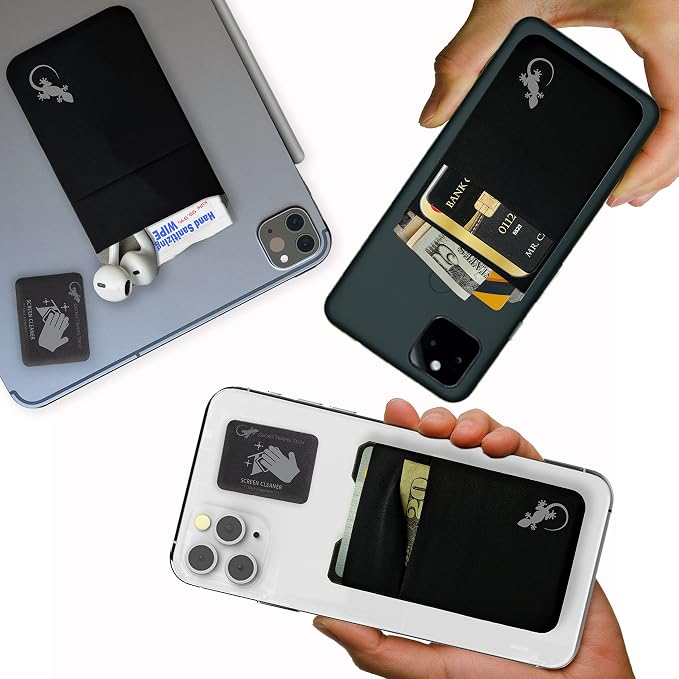 Gecko Travel Tech Mobile Phone Double Pocket Wallet Stick on with Stand - Cellphone Accessories case - Phone Card Holder with Stick on - (Black-Gray)