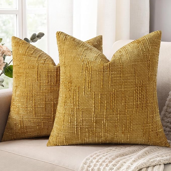 decorUhome Textured Chenille Throw Pillow Covers 24x24 Set of 2 Yellow | Fall Modern Farmhouse Soft Cozy Slubby Couch Pillow Cases Boho Decorative Pillow Cases for Bed Sofa Living Room Home Decor
