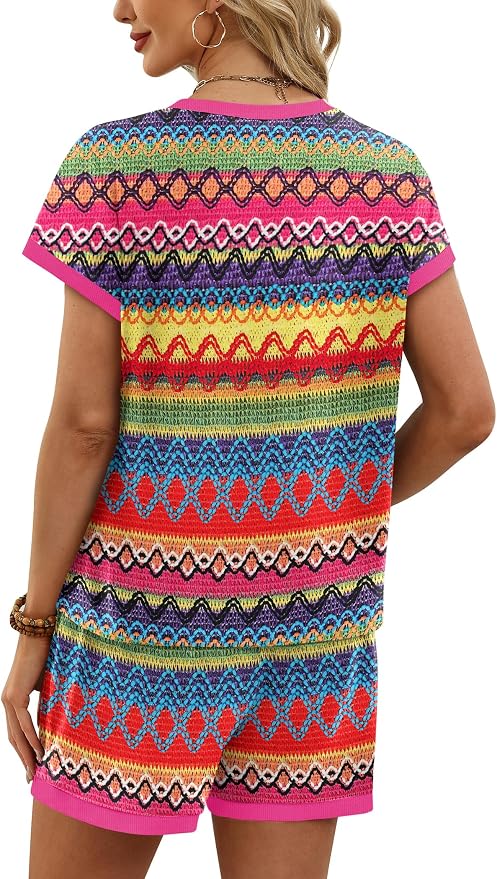 WIHOLL Two Piece Sets for Women Summer Lounge Short Sets Cap Sleeve Crew Neck Sweatsuit with Pocket XS-2XL