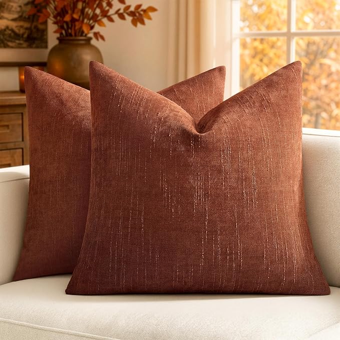 MIULEE Textured Chenille Fall Throw Pillow Covers 18x18 Inch Burnt Orange | Pack of 2 Decorative Soft Throw Pillows, Solid Textured Cushion Covers, Modern Home Decor for Couch Sofa Bedroom Living Room