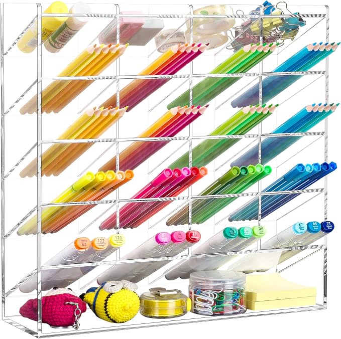 BEYGORM Acrylic Vertical Marker Organizer for 250 Markers, Desk Orgaizer | 21 Compartments Clear Angled Pen & Pencil Holder, Large Stationery & Art Supply Storage for School (13 x 12.5 x 4 Inch)
