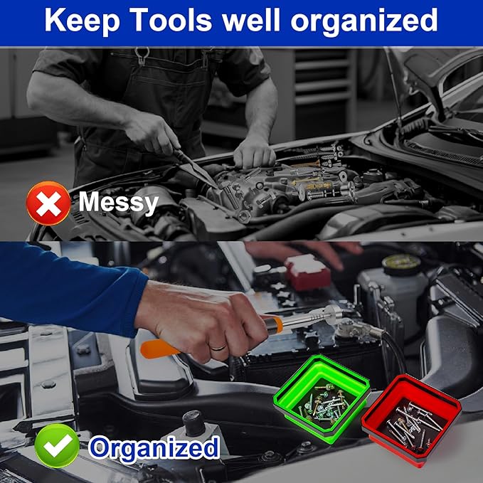 4.5” Collapsible Dual-Sided Magnetic Parts Tray Set 3-Pack for Screws Bolts Nuts Washers Pins with 1pc Magnetic Suction Rod
