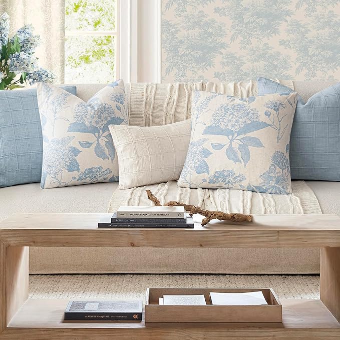 Foindtower Set of 2 Linen Floral Vintage Throw Pillow Covers Neutral Accent Decorative Cozy Cushion Covers Farmhouse Boho Home Decor for Sofa Chair Couch Bedroom Living Room,22×22 Inch,Sky Blue
