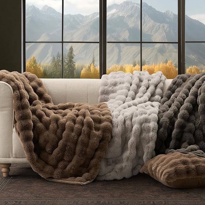 Faux Rabbit Fur Bubble Throw Blanket, 50"x60", Natural Tan | Ultra Soft, Luxury Faux Rabbit Fur Throw, Thick Warm Bubble Blanket, Cozy Fluffy Reversible, for Bed, Couch, Chair, Sofa