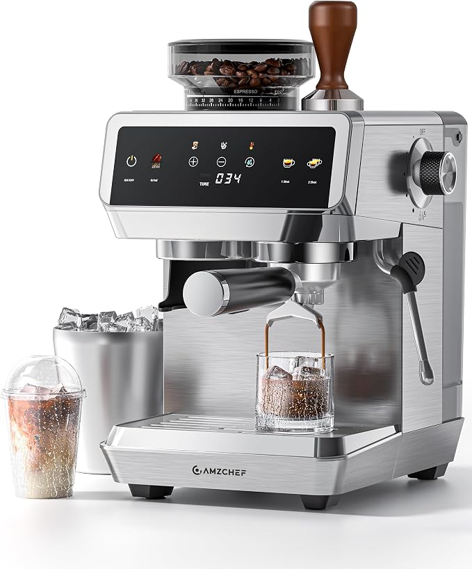 AMZCHEF Espresso Machine With Grinder, Temp Control, 44 Grind Settings | Hot & Cold Brew, Cappuccinos & Lattes, Built-in Grinder, Milk Frother, Touch Screen, Easy to Clean, Compact Design, Silver