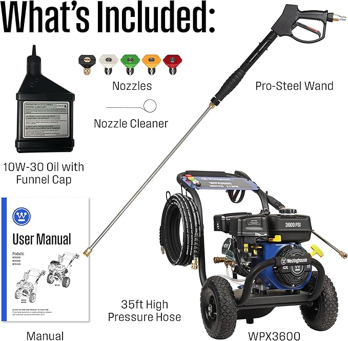 Westinghouse WPX3600 Gas Pressure Washer, 3600 PSI and 2.7 GPM, Onboard Soap Tank, Spray Gun and Wand, 5 Nozzle Set, for Cars/Fences/Driveways/Homes/Patios/Furniture