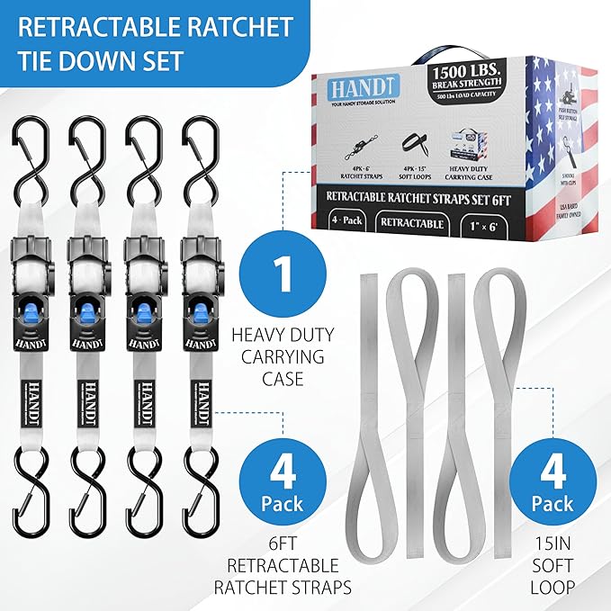 HandT USA Based Retractable Ratchet Straps (4PK) 1in x 6ft - 1,500lb Break Strength, Heavy Duty Automatic Ratchet Straps Self Retractable Tie Down, Push Button Retracting Truck Trailer Cargo | Gray