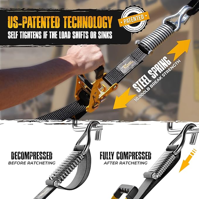 TorkStrap Pro 25' x 2'' Self Tensioning Ratchet Straps (10,000LB Break Strength) - Adjusts to Load Shifts - Heavy Duty & Industrial Use - Extra Soft Loops - Heavy UTV, Cargo, ATV, Trucks (4-Pack)