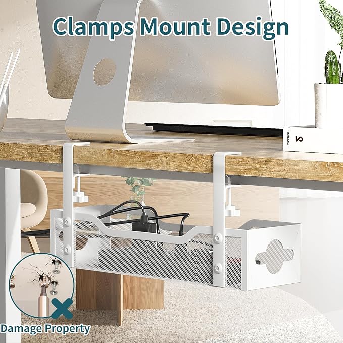 Under Desk Cable Management Tray 3 Pack, Cable Management Under Desk No Drill, Cable Organizer with Clamp for Wire Management, Cord Organizer for Office, Home - No Damage to Table (White)