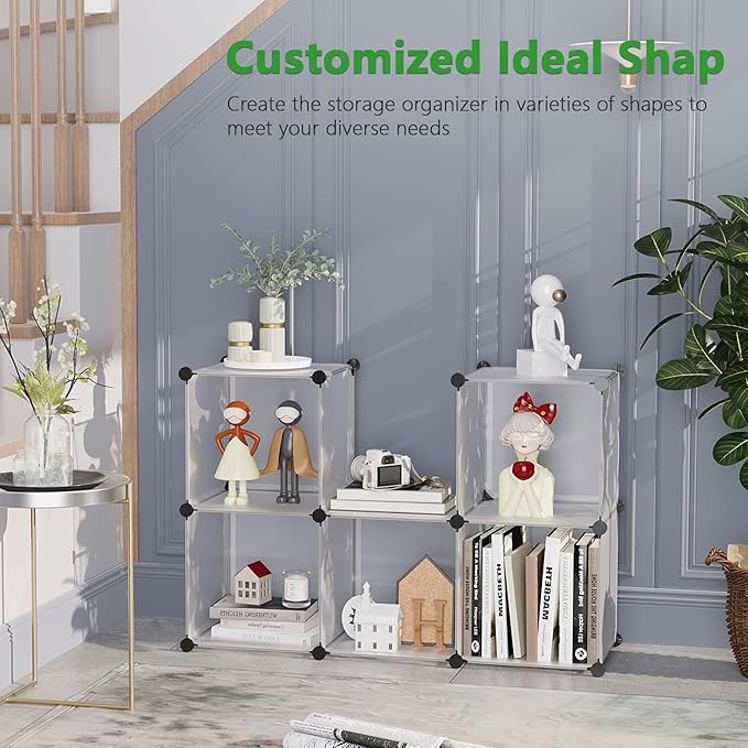 C&AHOME Cube Storage Organizer, 6-Cube Shelves Units, Closet Cabinet, DIY Plastic Modular Book Shelf, Ideal for Bedroom, Living Room, Office, 36.6" L x 12.4" W x 36.6" H Translucent White SBTM3506A