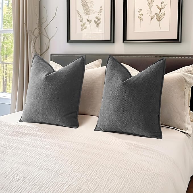 MIULEE Pack of 2 Dark Grey Euro Shams Chenille Pillow Covers 24x24 Inch | Decorative Soft Couch Throw Pillows,Farmhouse Cushion Covers,Elegant Design for Sofa,Bed,Living Room,Summer Decor
