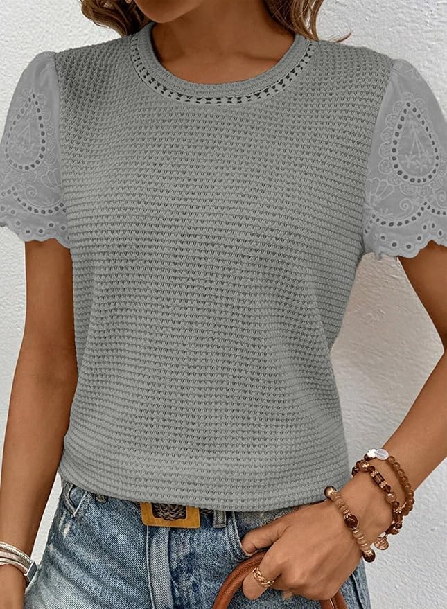 SHEWIN Womens Frenchy Summer Tops Crewneck Short Sleeve T Shirts Casual Waffle Knit Jacquard Blouses Top Shirts