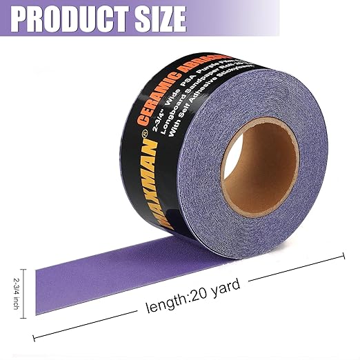 MAXMAN 40 Grit Sandpaper Roll, PSA Purple Film Ceramic Longboard Sand Paper, 2-3/4" Wide Continuous 20 Yard Long Continuous Roll, Self Adhesive Stickyback for Auto, Wood, Metal, Hand Sanding Blocks