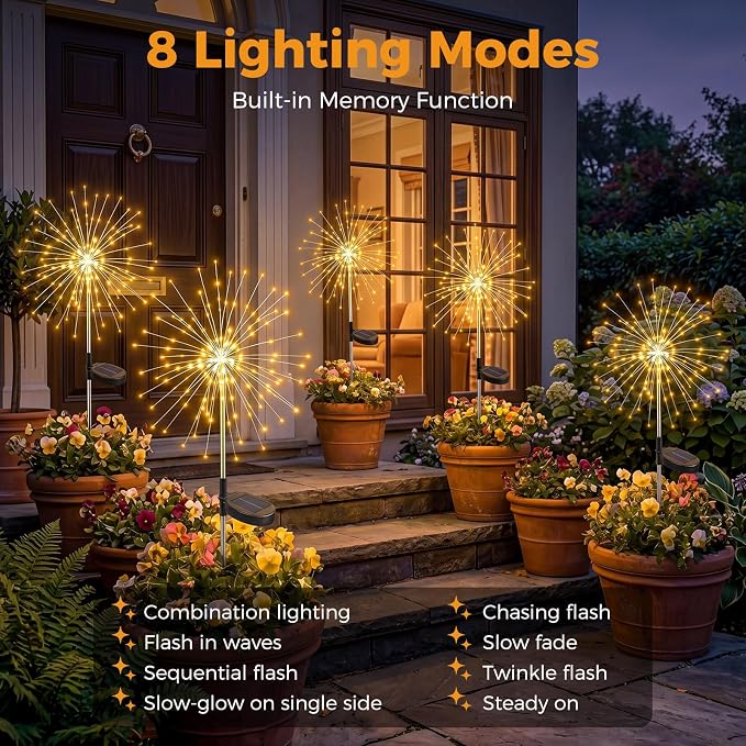 btfarm 8 Pack Solar Garden Lights, Firework Lights Solar Powered-Warm White | 120LED 8 Mode Waterproof Twinkle Fairy Light Outdoor Outside for Yard Pathway Lawn Pool Patio Christmas Decorative