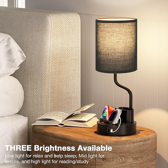 Fenmzee Bedside Lamps for Bedroom Set of 2 - Table Desk Lamp for Nightstand | 15" Table Lamp for Living Room with Pen Holder & Phone Stand, USB A+C Port, AC Outlet, 3 Color Temperature, LED Bulb Included