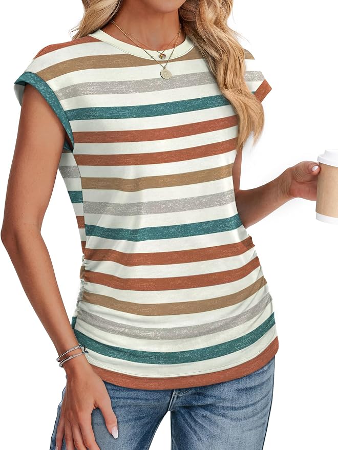 Sampeel Womens Summer Tops Trendy 2026 Ruched Cap Short Sleeve Tshirts Shirts Crew Neck T Shirts Fashion