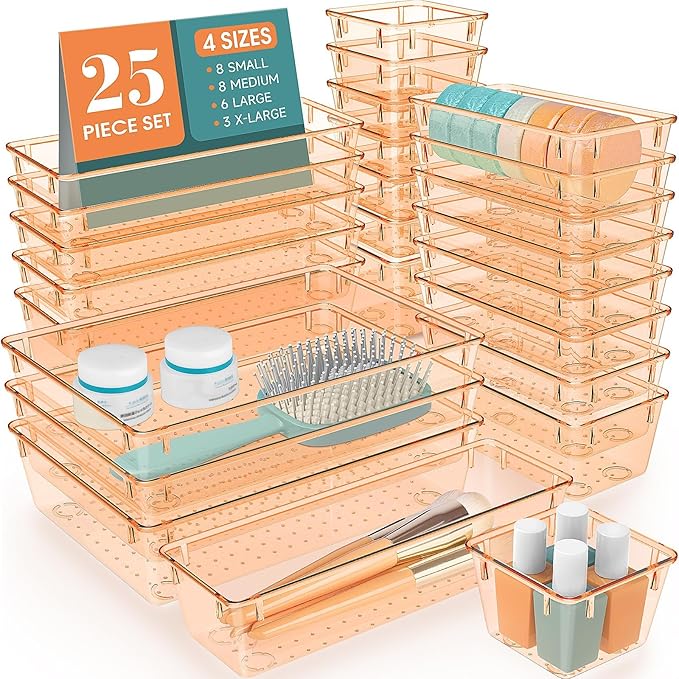 WOWBOX 25 PCS Plastic Drawer Organizer Set, 4 Sizes Desk Drawer Divider Organizers and Storage Bins for Makeup, Jewelry, Gadgets for Kitchen, Bedroom, Bathroom, Office, Clear Orange
