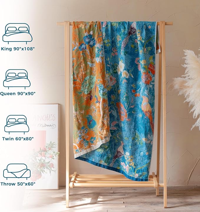 LUTBM Boho Throw Blanket for Bed 60"x80", All Season Cotton Couch Blankets | Blue Reversible Floral Birds Jacquard, All-Season Lightweight Twin Quilt, For Chair Sofa Bedroom Living Room, Home Decor