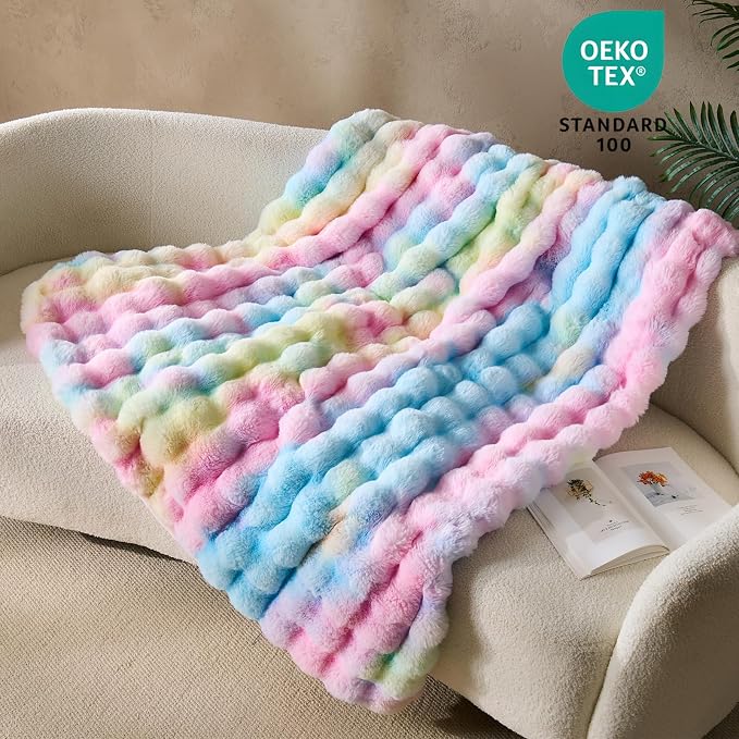 DOWNCOOL Faux Rabbit Fur Throw Blanket, Soft Fluffy Fuzzy Plush Bubble Blanket for Couch Sofa & Bed, Cozy Warm Luxury Fleece Minky Blanket, 60x80 Inches Rainbow