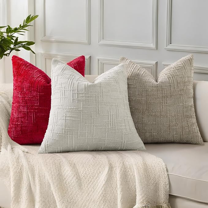 decorUhome Textured Chenille Throw Pillow Covers 20x20 Set of 2 Red | Fall Modern Farmhouse Soft Cozy Slubby Couch Pillow Cases Boho Decorative Pillow Cases for Bed Sofa Living Room Home Decor