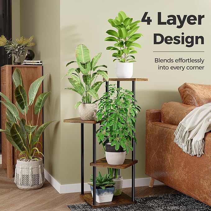 Bamworld 4 Tier Plant Stand Small Plant Shelf for Indoor Plants Corner Flower Stand Wooden Plant Holder for Balcony Living Room Bedroom Brown