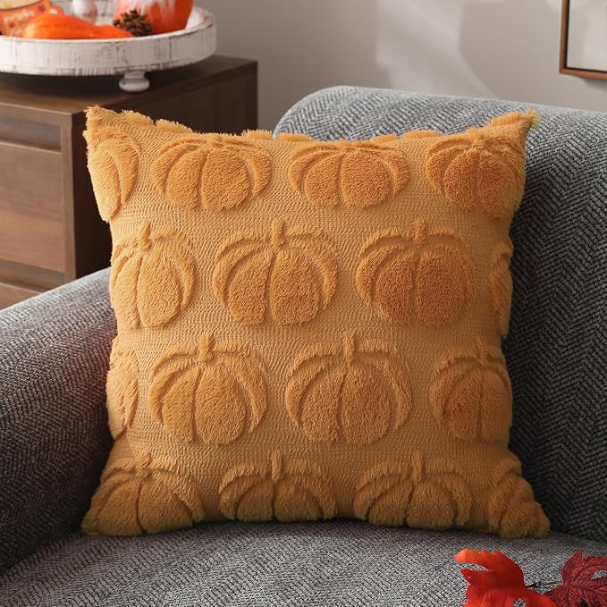 DFXSZ Fall Pillow Covers 18x18 2Pcs Light Orange Pumpkin Fall Decorations | Fall decor Set of 2 Throw Pillow Cases Soft Plush Faux Fur Wool Couch Cushion for Chair Sofa Bedroom Living Room Home Decor