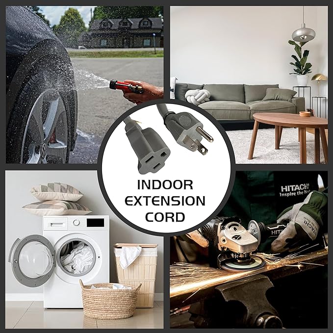 Indoor Outdoor Extension Cord Weatherproof, UL Listed, 16 Gauge 10FT Grey 3 Prong Heavy Duty, 16/3 SJTW 13A Power Cord for Outdoor Lights, Appliances, Lawn