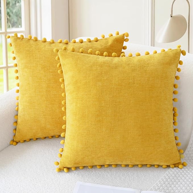 CaliTime Decorative Throw Pillow Covers 18 X 18 Inches Mustard Yellow | Pack of 2, Cozy Chenille Cushion Cases, with Pom Poms for Sofa Bed Living Room Farmhouse Home