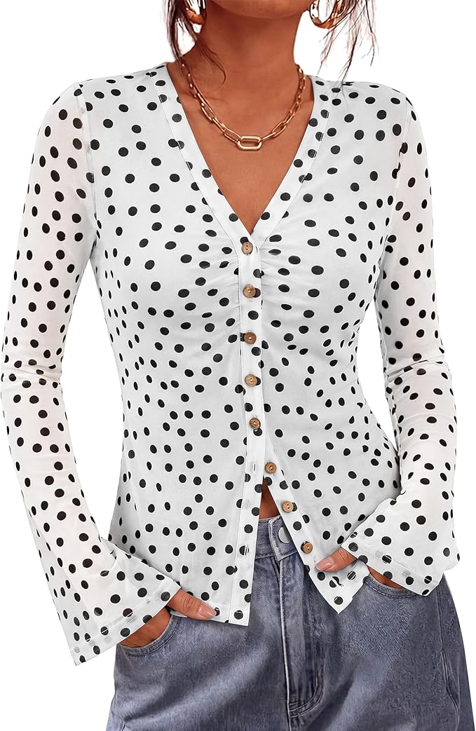 BTFBM Button Down Shirts for Women 2026 Fall Boho Tops V Neck Long Sleeve Blouses Ruched Mesh Fitted Fashion Clothing