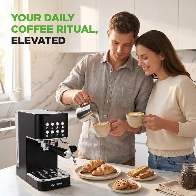 NutriChef 20-Bar Espresso Maker With Milk Frother | Removable 1.8 Quart Water Tank | Coffee Maker for Brewing Espresso, Cappuccino, Latte, Americano & Cold Brew Coffees | Black