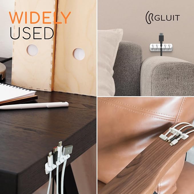 Cord Organizer for Desk, Nightstand Cable Holder, 20 Pack, Multislot, White | GLUIT Adhesive Charger Organizer, Cable Management for Desk Car Office Home College Dorm Room Cable Clips for Cords