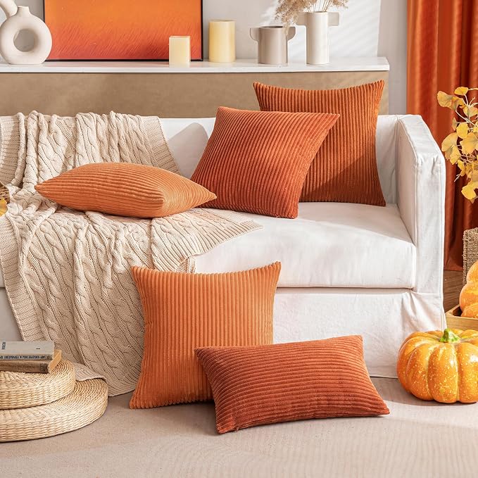 MIULEE Fall Lumbar Corduroy Throw Pillow Covers Set of 2 12x20 Rust | Decorative Soft Striped Textured Cushion Cases, Boho Rustic Pillowcases for Home Decor, for Couch Chair Sofa Bed Living Room