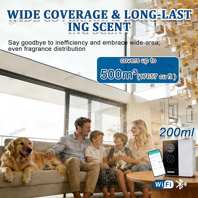 Waterless Essential Oil Diffuser, Smart Air Diffuser with 17657 Cu Ft Coverage, Commercial Fragrance Diffuser, 6.76 Oz, WiFi Bluetooth App Controlled, Silent Operation for Hotel Home Office(Black)
