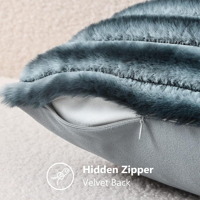 decorUhome Fall Faux Fur Throw Pillow Covers 22x22 Set of 2 Blue Grey | Decorative Soft Cozy Striped Plush Modern Farmhouse Boho Couch Pillow Cases Velvet Back for Sofa Bed Living Room Home Decor