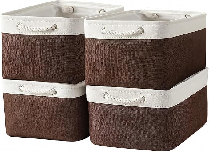 Organization and Storage Basket for Organizing - 16x12x8 inch Large 4 Pack Fabric Storage Cube Collapsible Storage Bins for Shelves, Storage Box for Cloth Books Canvas(White & Flaxen)