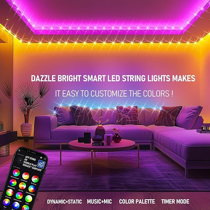 Dazzle Bright Smart Christmas String Lights, 98FT 300 LED RGB Color Changing String Lights with Remote & App Controlled, Halloween Decorations for Indoor Outdoor Holiday Xmas Tree Party Decor