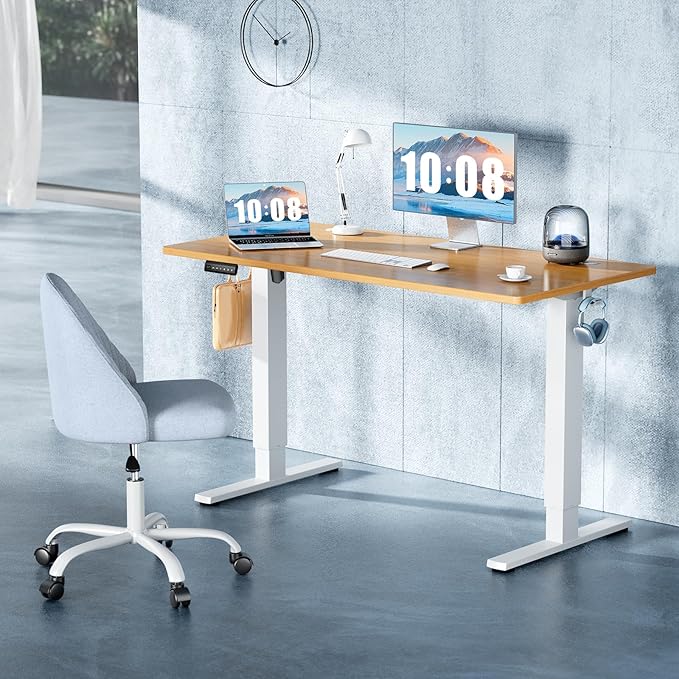 DUMOS 63 Inch Electric Standing Desk, Memory Adjustable Home Office Desk | Sit Stand Up Desk for Work Home Office,Adjustable Desk, Rising Computer Table with Splice Board,Cable Management,Hook,Oak