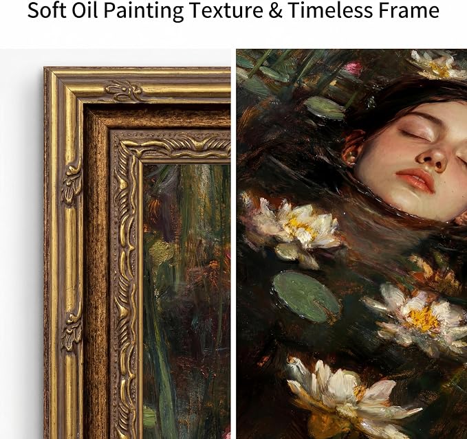 Vintage Gold Framed Gothic Wall Art, Ophelia Inspired Woman Portrait Print | Dark Academia Romantic Victorian Oil Painting Canvas Print Picture Wall Decor for Living Room Bedroom Office, 16x24 Inch